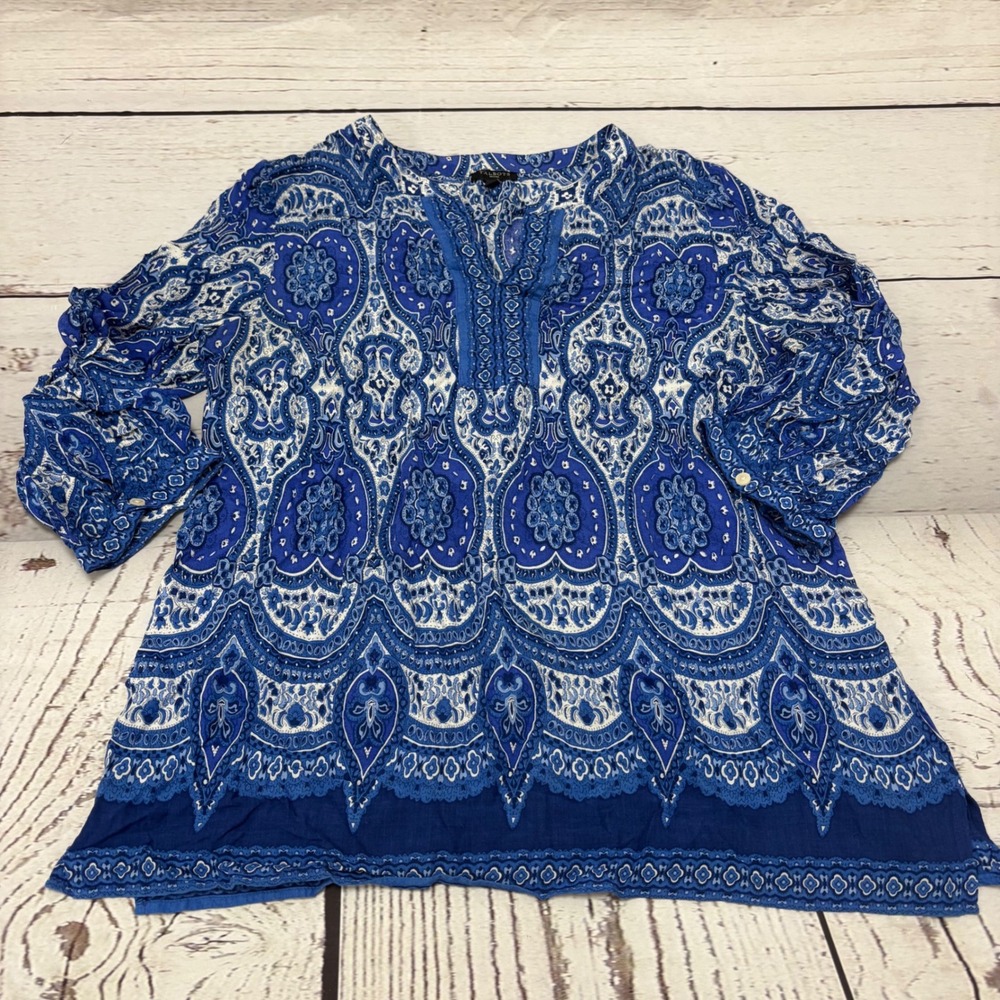 Talbots Womens Petites Blue White Paisley Medallion Split Neck Blouse LP